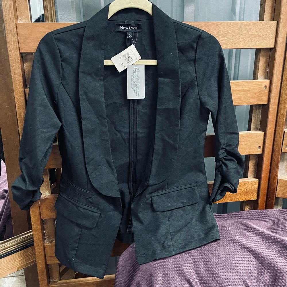 Y2K Stretchy Fitted Light Weight Black Blazer w/ Ruched 3/4 Sleeves